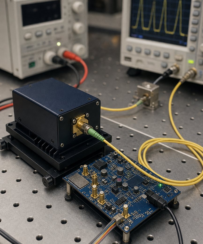 Photonic laser module prototype on an optical bench beside a driver circuit board
