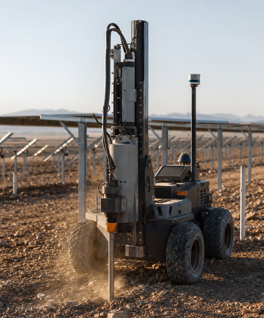 Autonomous wheeled robot driving a steel stake into desert ground at a solar farm under construction