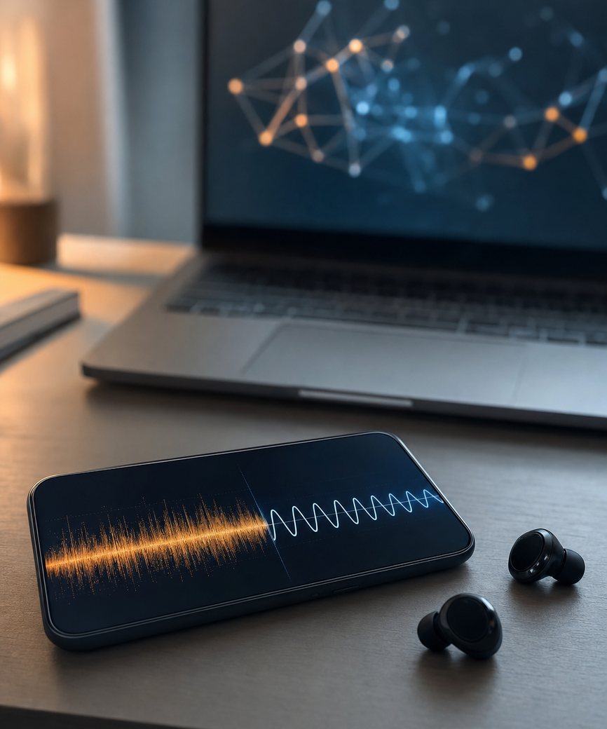 Smartphone and wireless earbuds on a desk, with an audio waveform on screen