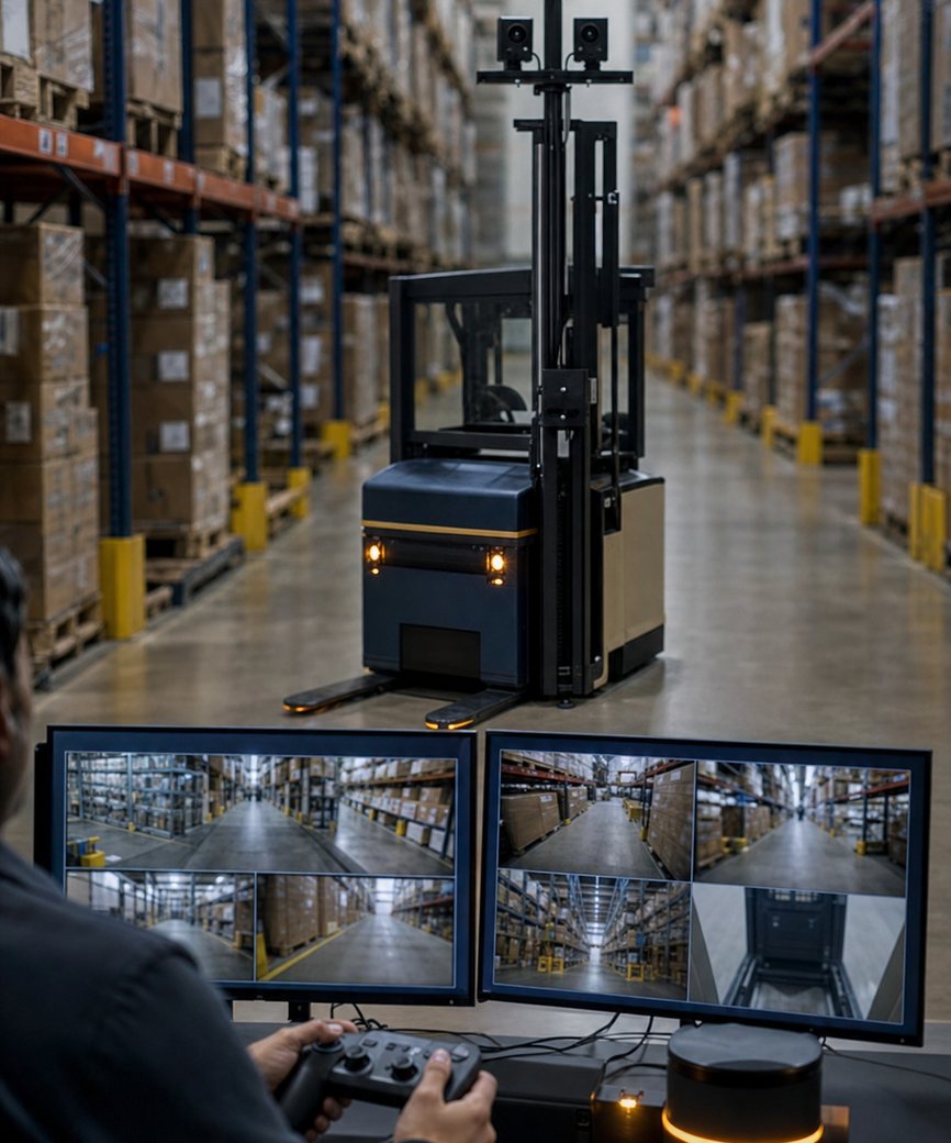 Forklift retrofitted with a sensor mast in a warehouse aisle, with a remote operator station