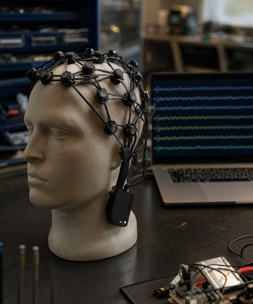 EEG headset prototype with dry electrodes on a mannequin head beside brainwave traces