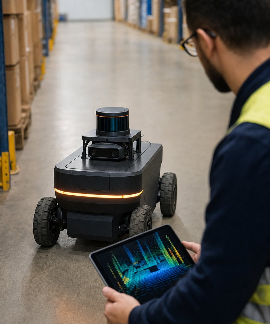 Lidar-equipped mobile robot navigating a warehouse aisle
