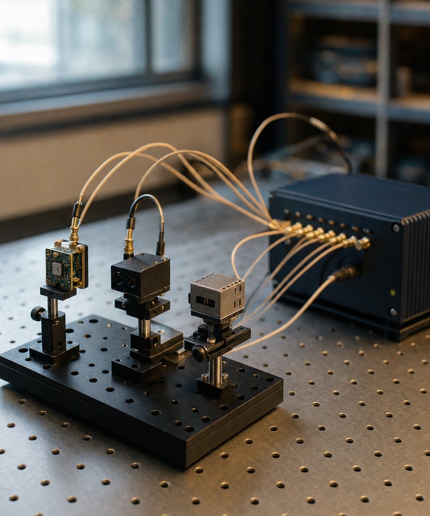 Sensor modules on a precision test fixture in a calibration lab