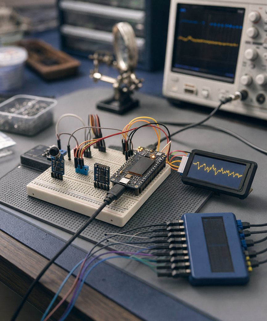 Embedded development board with sensors and a logic analyzer on an electronics lab bench
