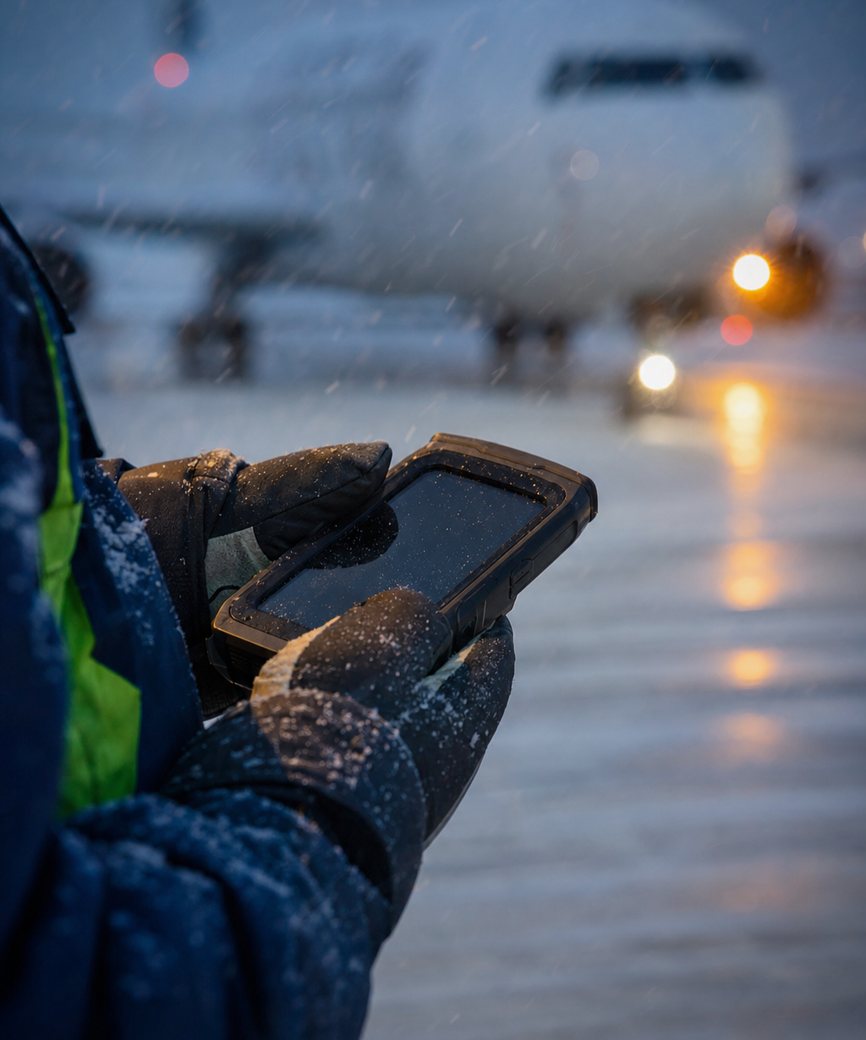 Airline ground crew member holding a rugged handheld device on a snowy airport apron